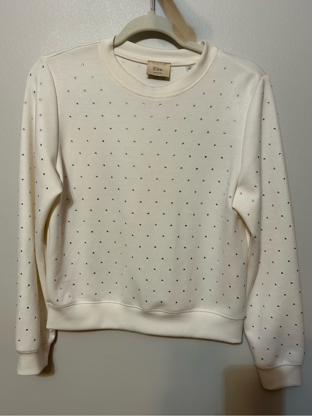 Elie Tahari Cream Rhinestone-Studded Crewneck Sweatshirt